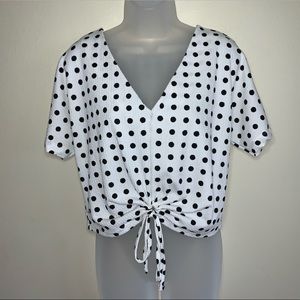 Zara Black & White Polka Dot Tie Front Cinch Waist Top - Sz. S